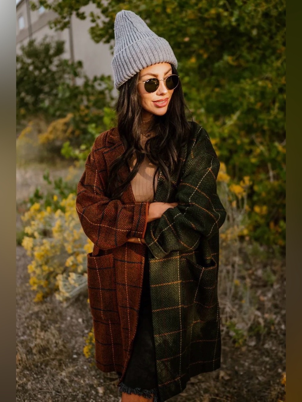 Dressed is LaLa 2x/3x scorpion oversized Two-Tone Plaid Coatigan - Brown & Gree